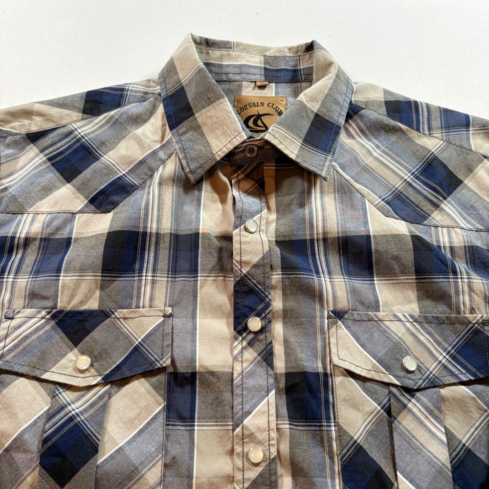 Coevals Club Western Pearl Snap Shirt Mens Medium Blue Plaid Long Sleeve Cowboy